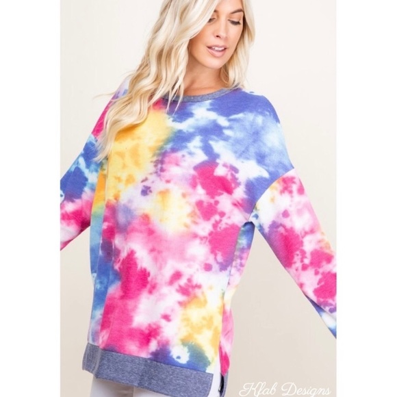New! Tie Dye Waffle Knit Contrast Side Slit Band Relaxed Top - Picture 4 of 10
